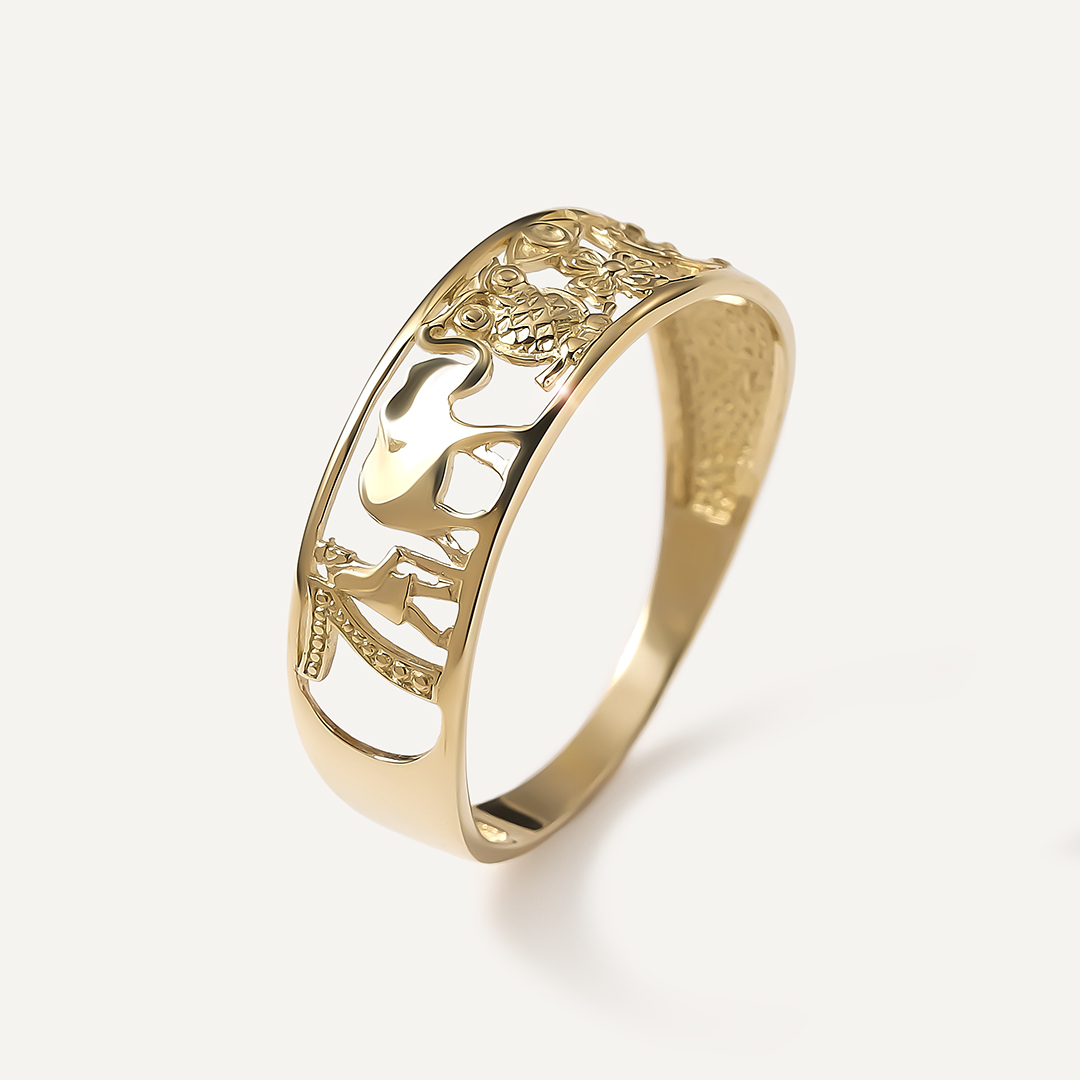 Кольцо из желтого золота "Символы счастья и удачи"