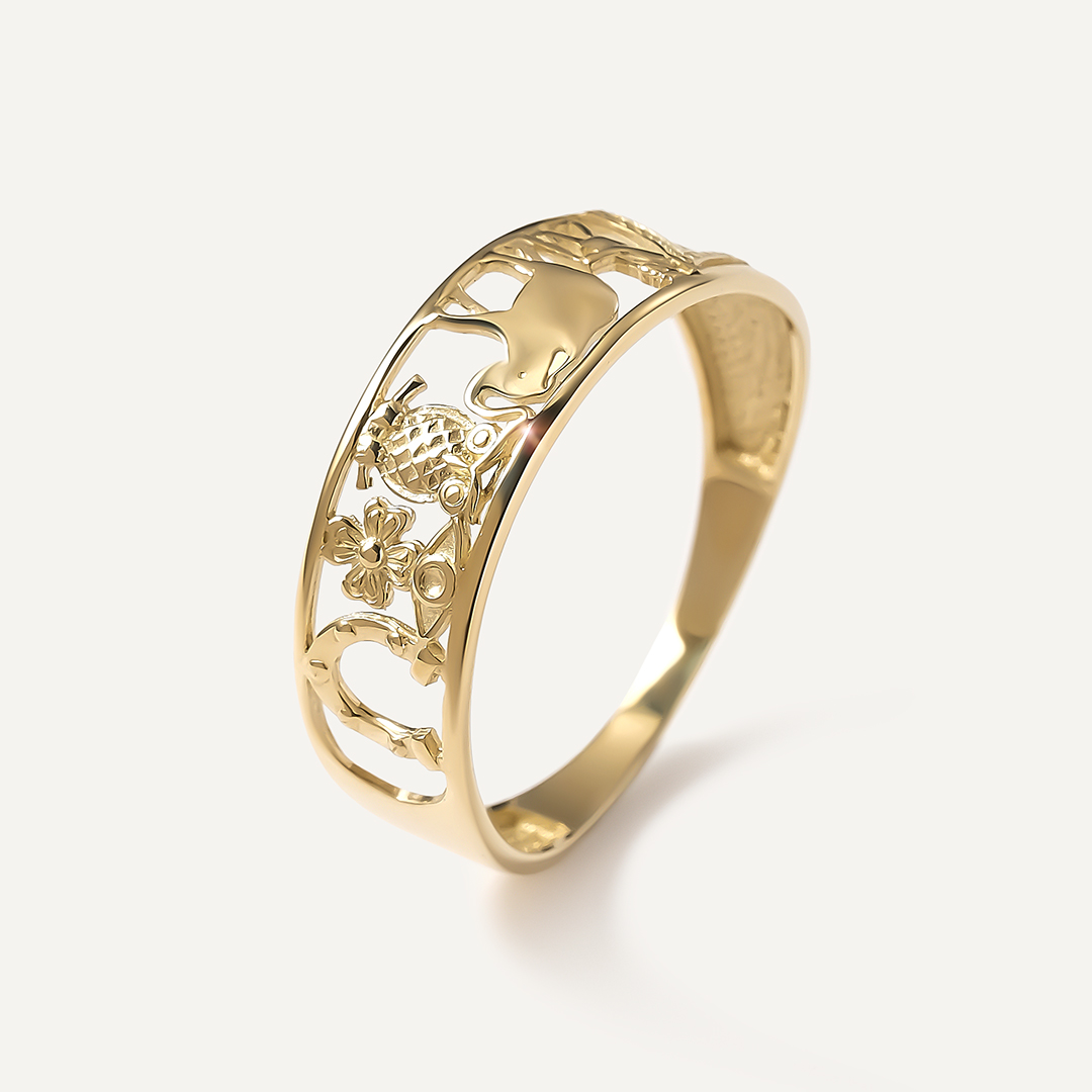 Кольцо из желтого золота "Символы счастья и удачи"