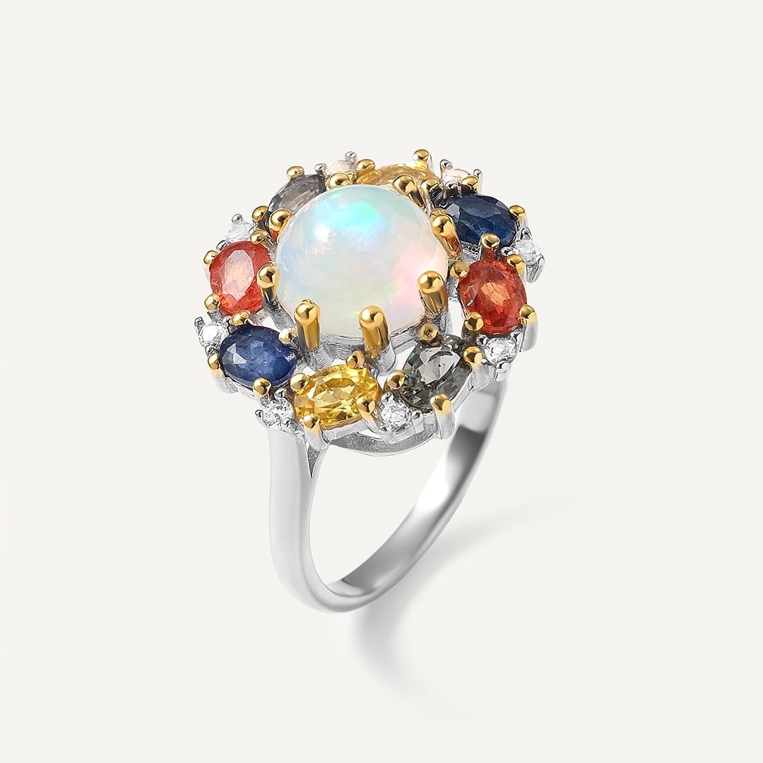 Серебряное кольцо с опалом и мультисапфирами "Цветок"