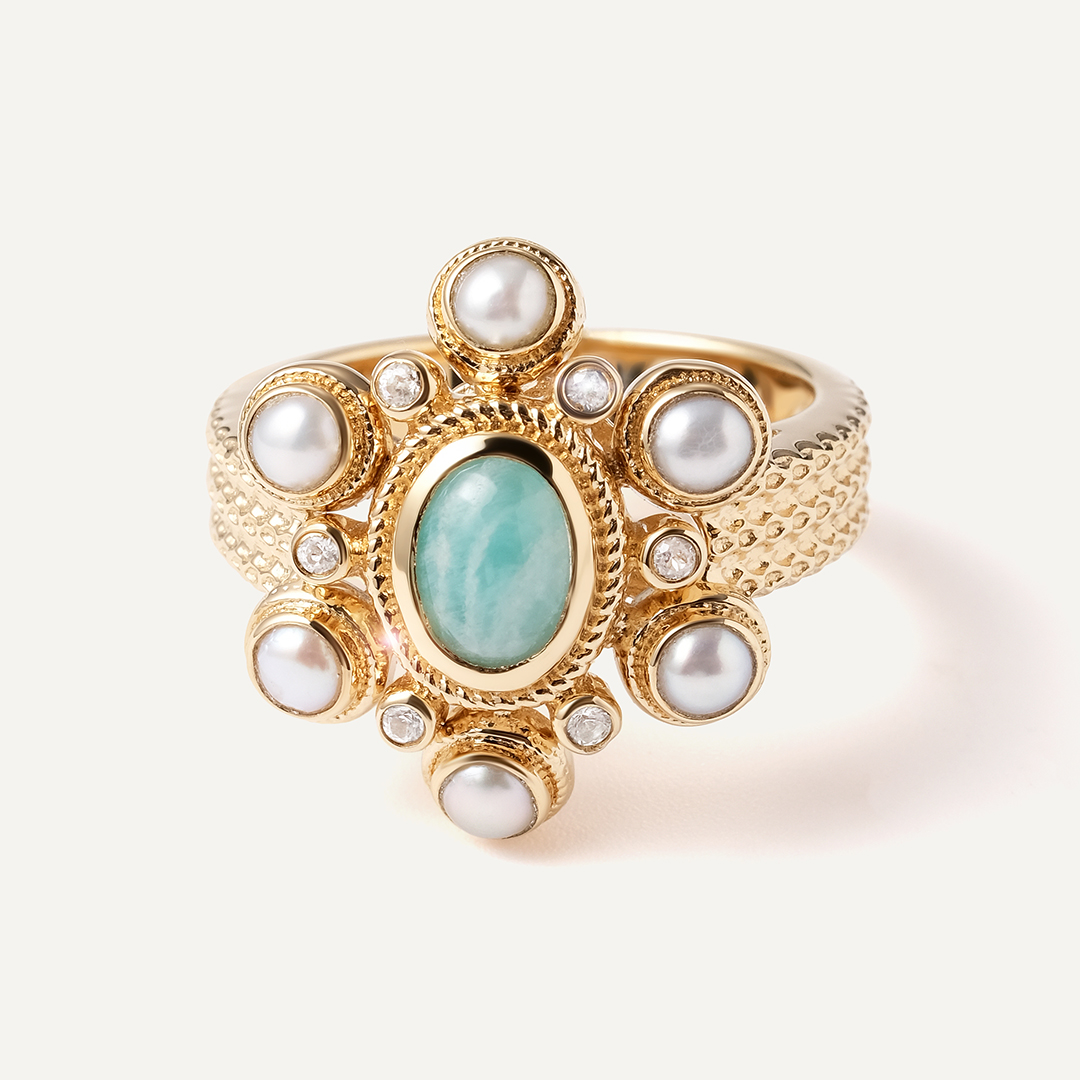 Серебряное кольцо с амазонитом и жемчугом