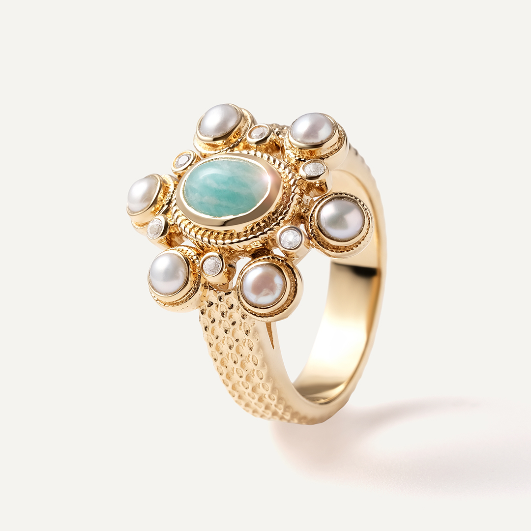 Серебряное кольцо с амазонитом и жемчугом