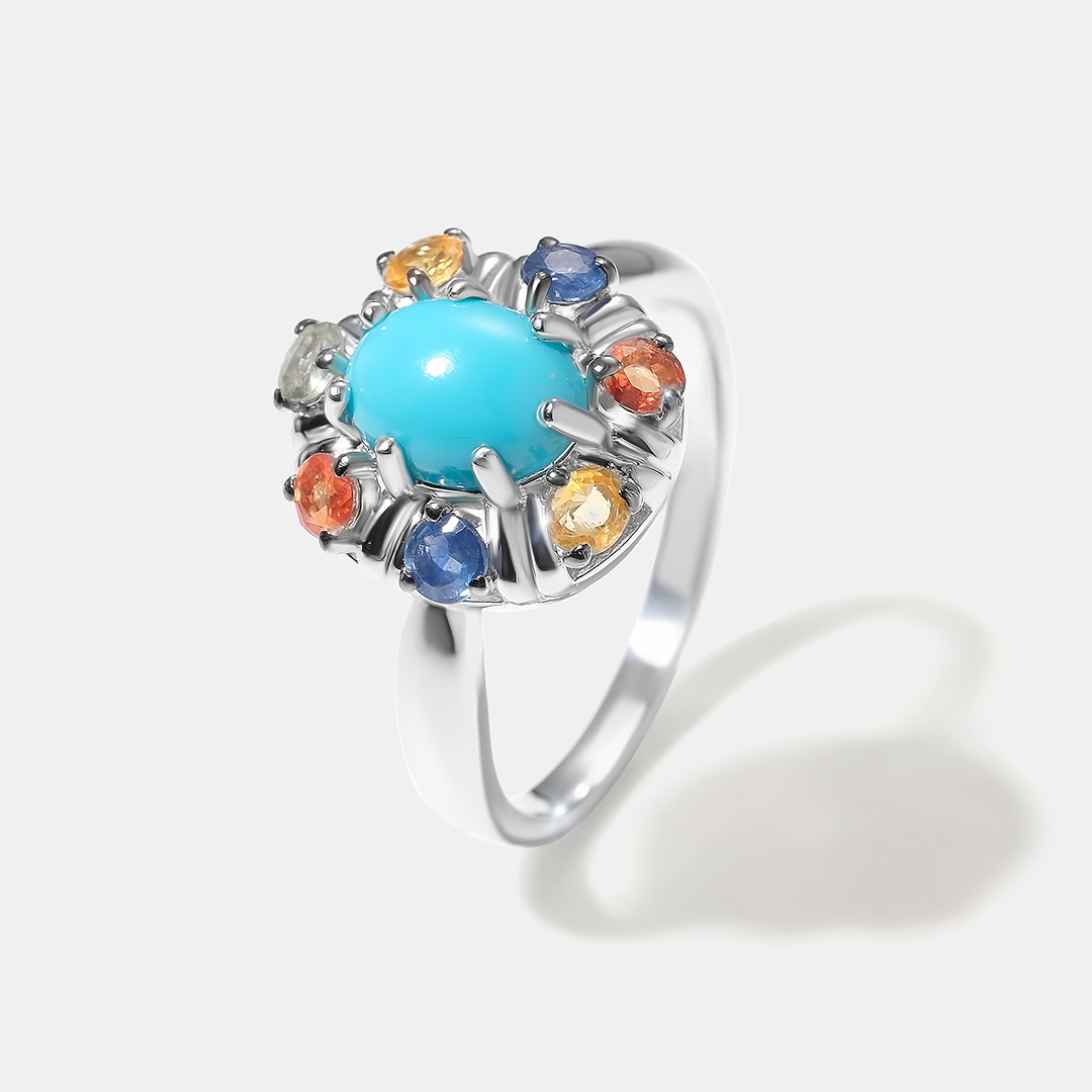 Серебряное кольцо с бирюзой и мультисапфирами