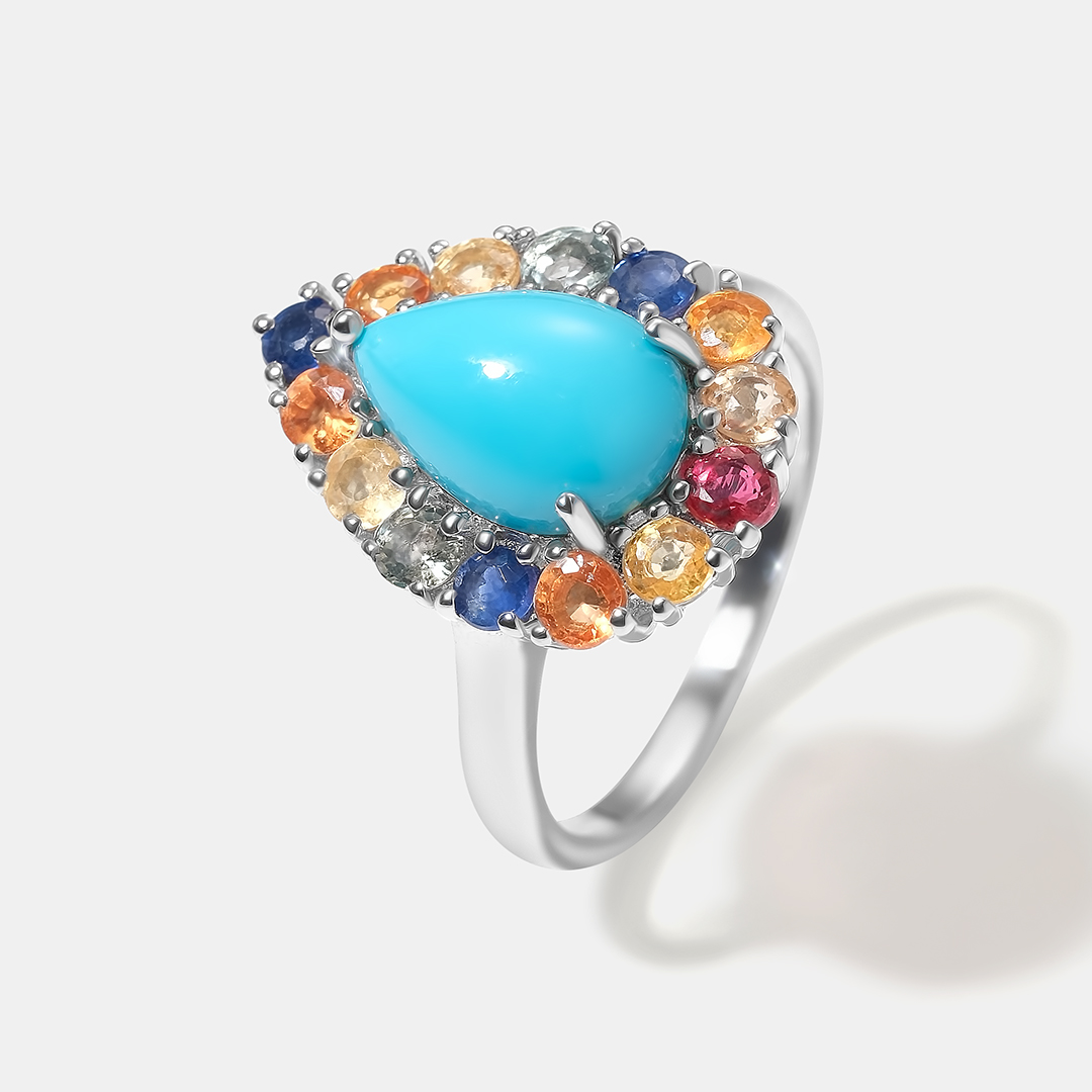Серебряное кольцо с бирюзой и мультисапфирами