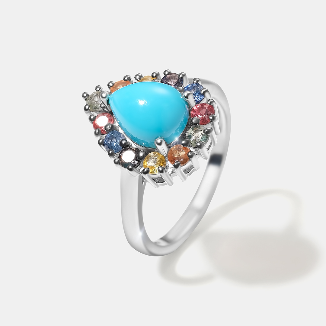 Серебряное кольцо с бирюзой и мультисапфирами