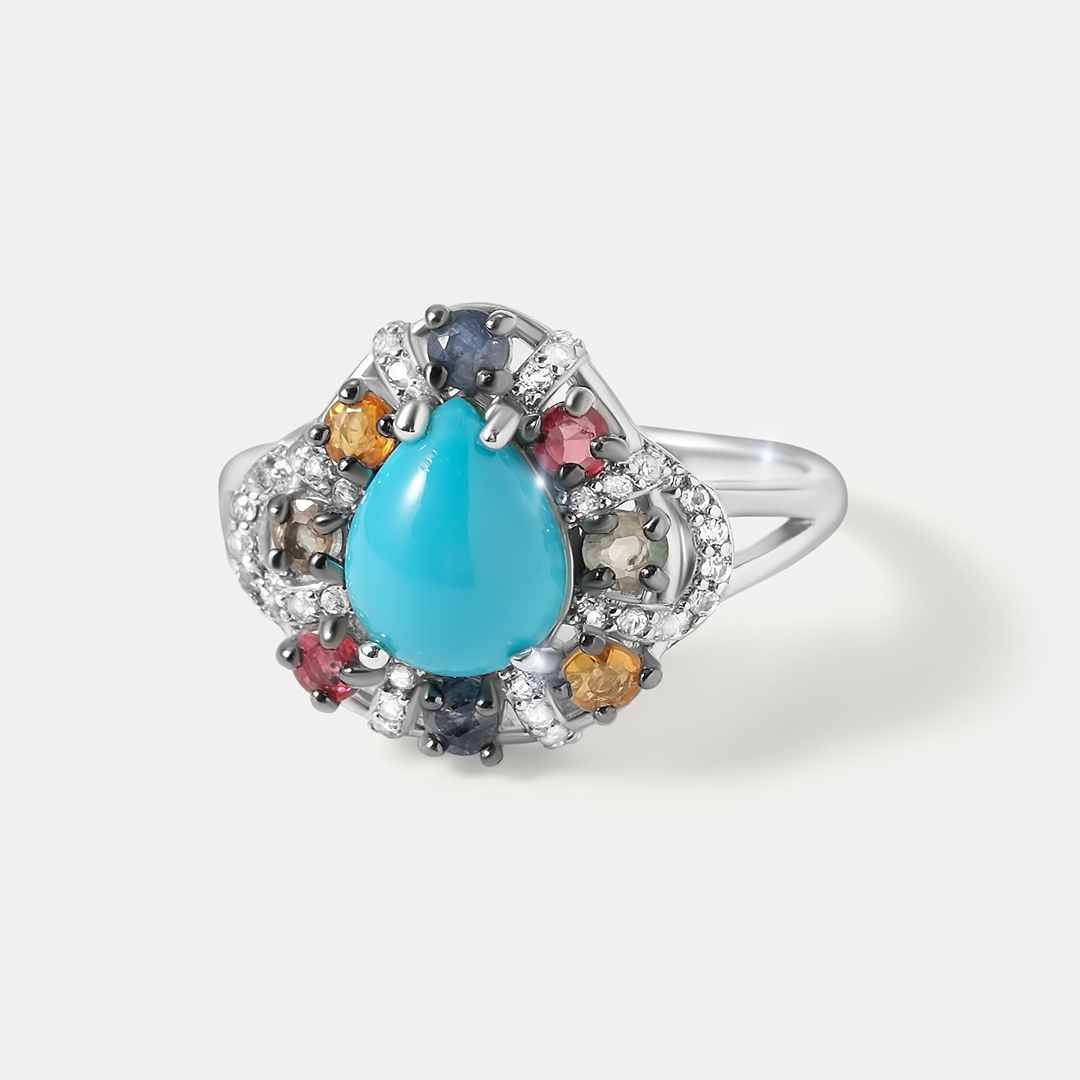 Серебряное кольцо с бирюзой и мультисапфирами