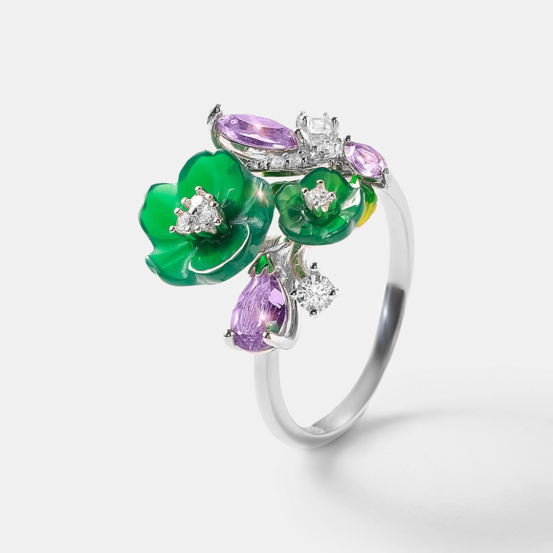 Серебряное кольцо с халцедонами "Цветы"