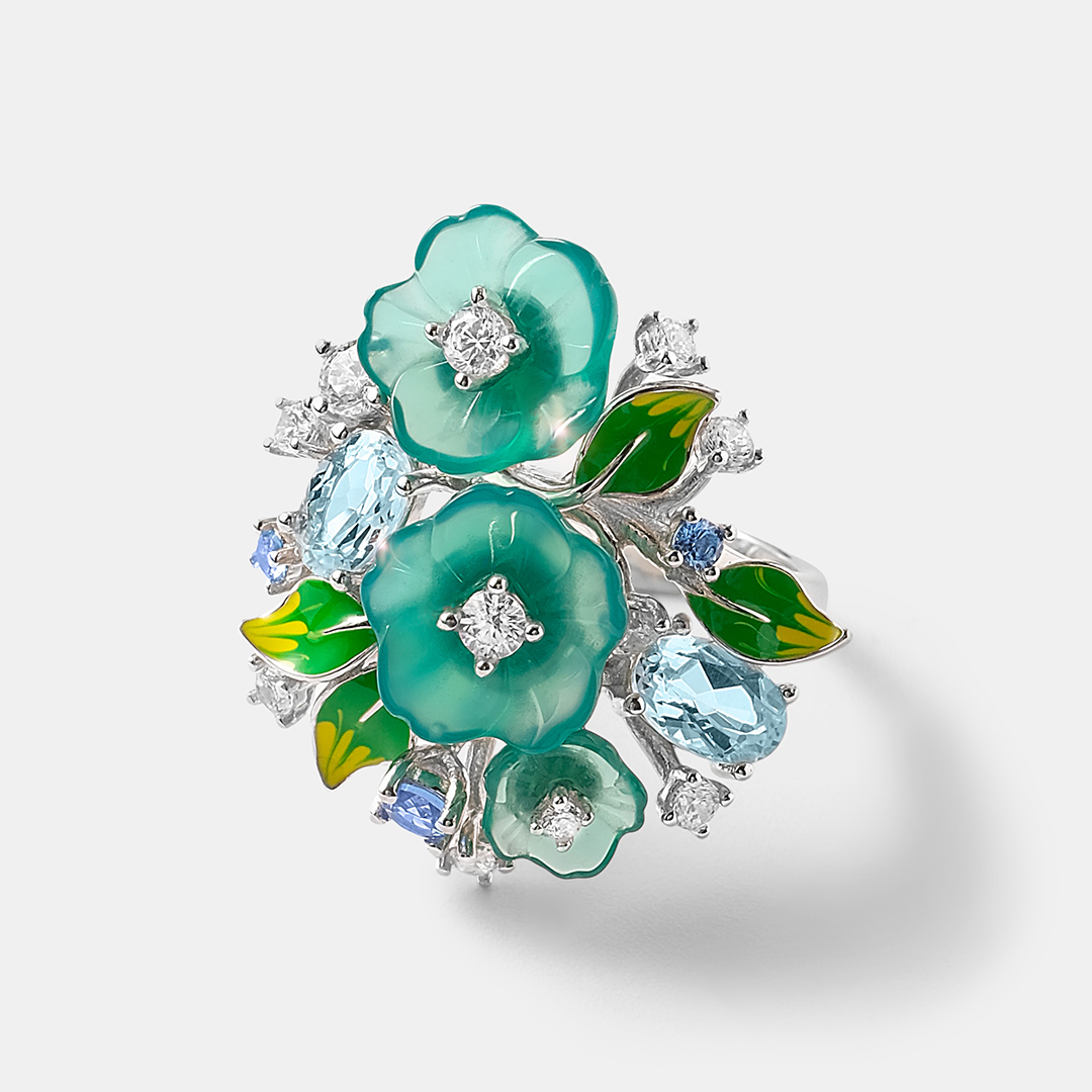 Серебряное кольцо с халцедонами "Цветы"