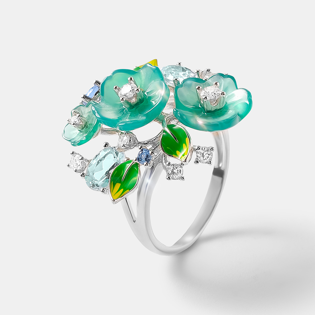 Серебряное кольцо с халцедонами "Цветы"