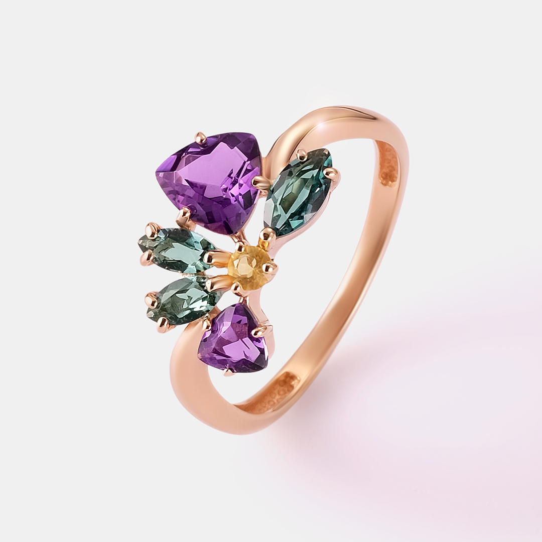 Серебряное кольцо с аметистами, празиолитами и цитрином