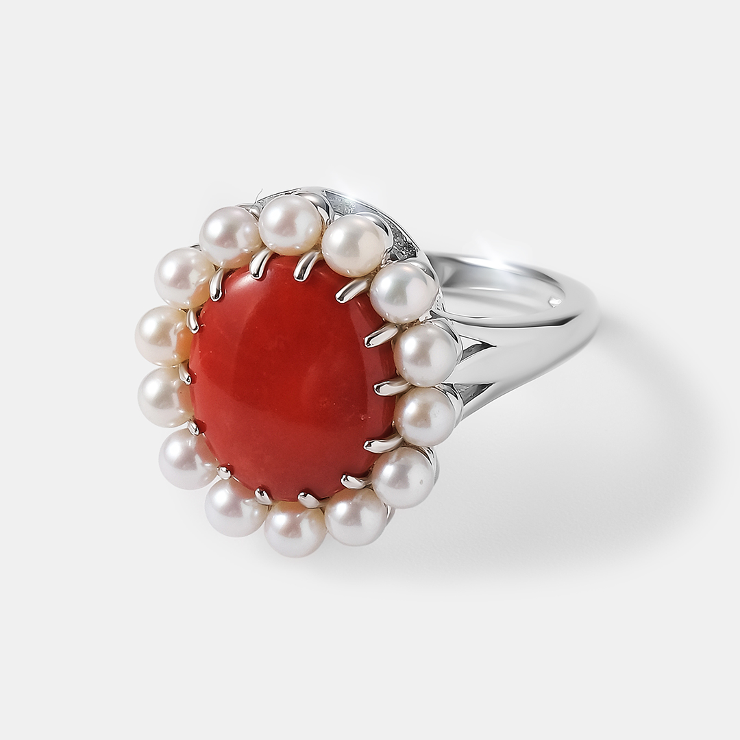 Серебряное кольцо с кораллом Салмон и жемчугом