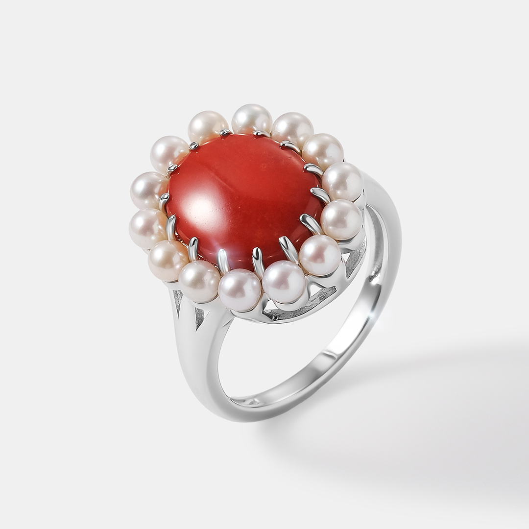 Серебряное кольцо с кораллом Салмон и жемчугом