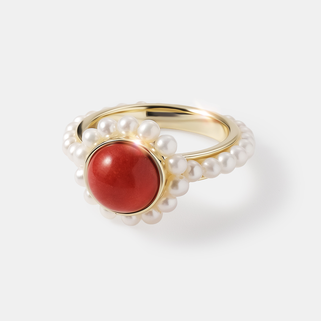 Серебряное кольцо с кораллом Салмон и жемчугом