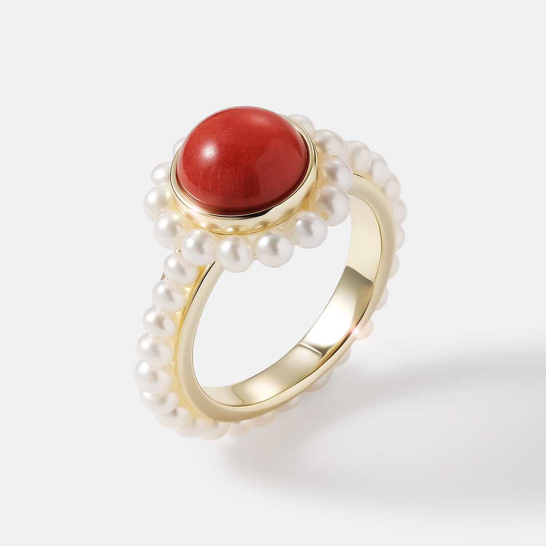 Серебряное кольцо с кораллом Салмон и жемчугом