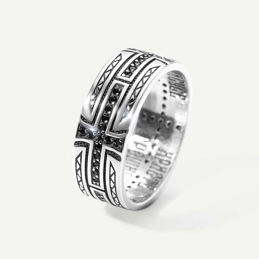 Серебряное кольцо с фианитами "Иисусова молитва"