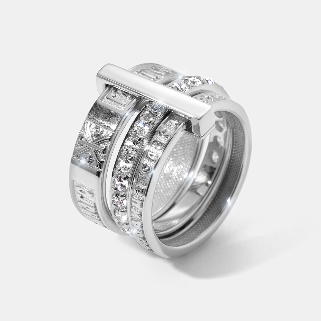 Серебряное кольцо с фианитами "Иисусова молитва"