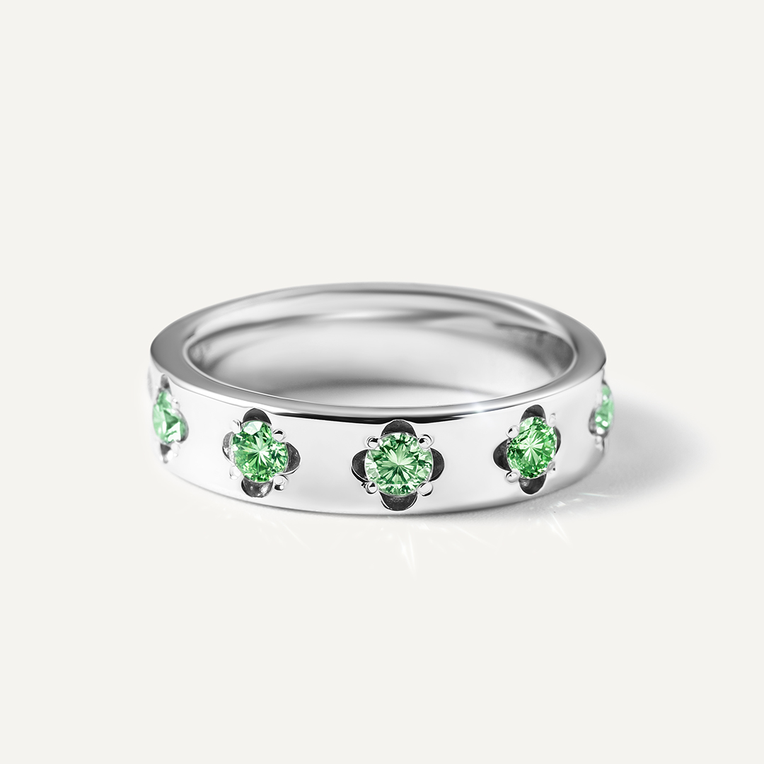 Серебряное кольцо с муассанитами Параиба "Клевер"