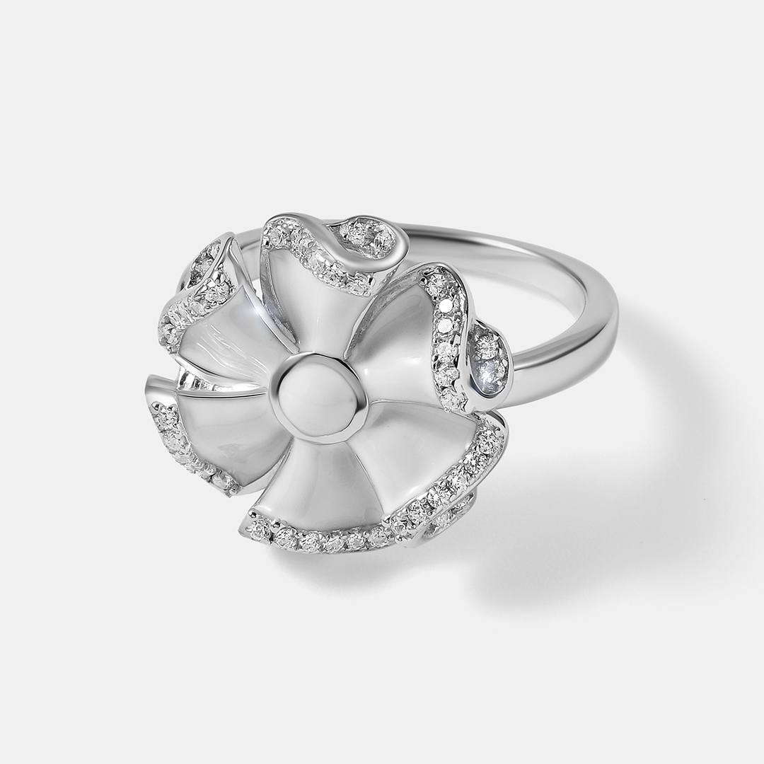 Серебряное кольцо с кубическим цирконием и эмалью "Цветок"