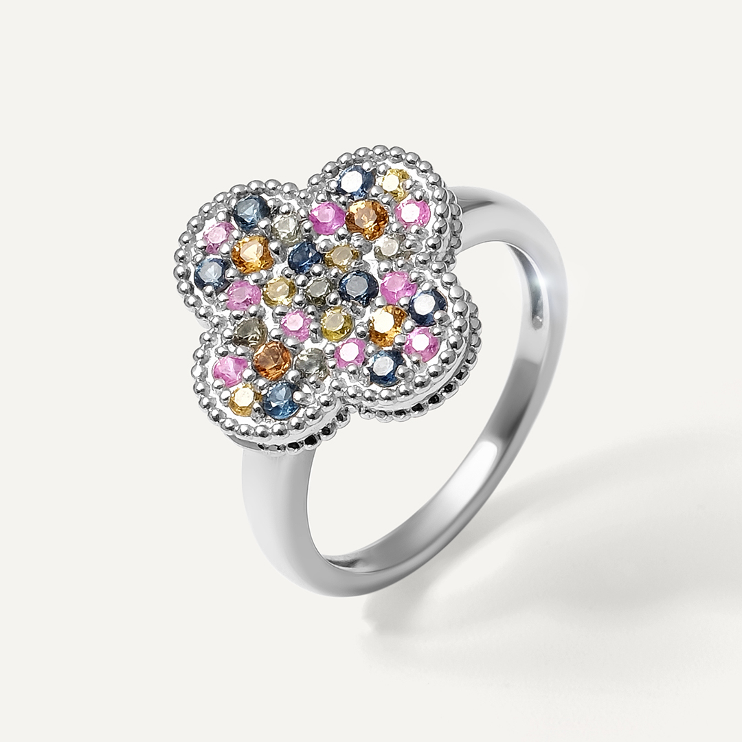 Серебряное кольцо с мультисапфирами "Клевер"