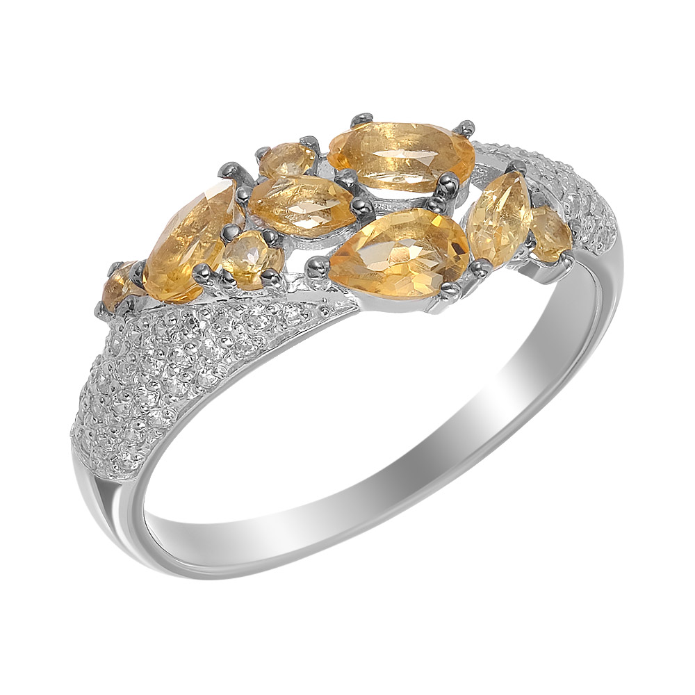 Серебряное кольцо 925 пробы; с чернением; вставки 9 Цитрин нат.; 58 Фианит бесцв.;