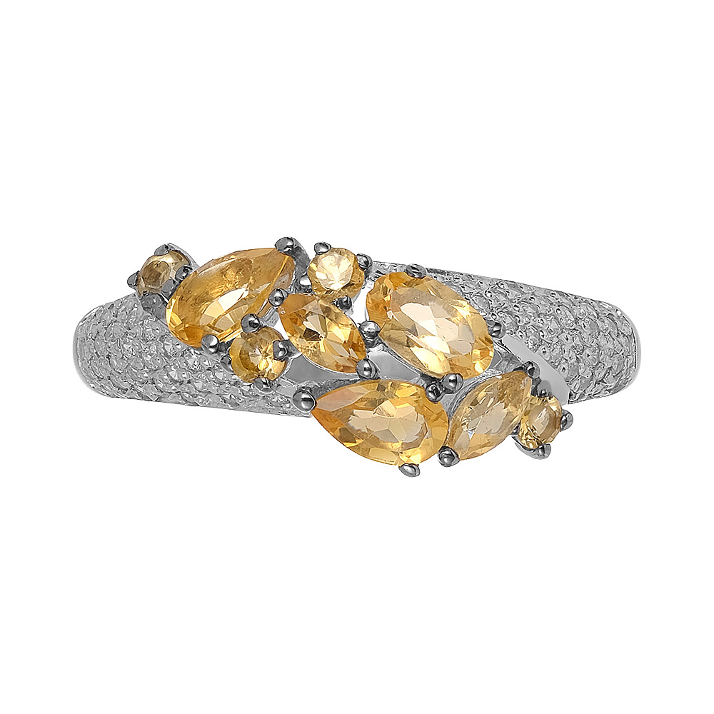 Серебряное кольцо 925 пробы; с чернением; вставки 9 Цитрин нат.; 58 Фианит бесцв.;