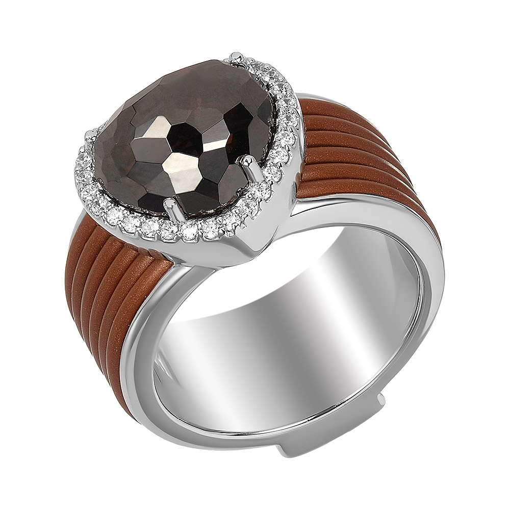 Серебряное кольцо 925 пробы; вставки Каучук корич.; 1 Фианит корич.; Россыпь Фианит бесцв.;