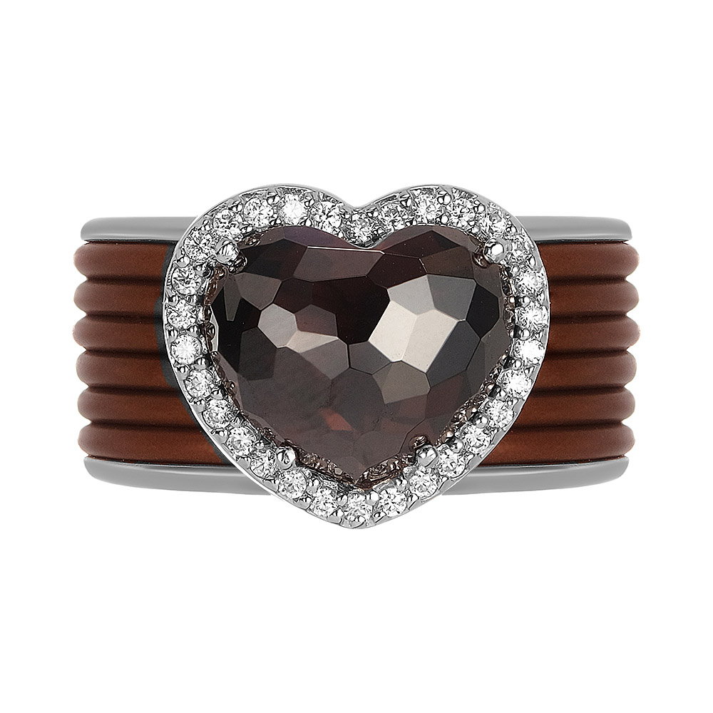 Серебряное кольцо 925 пробы; вставки Каучук корич.; 1 Фианит корич.; Россыпь Фианит бесцв.;