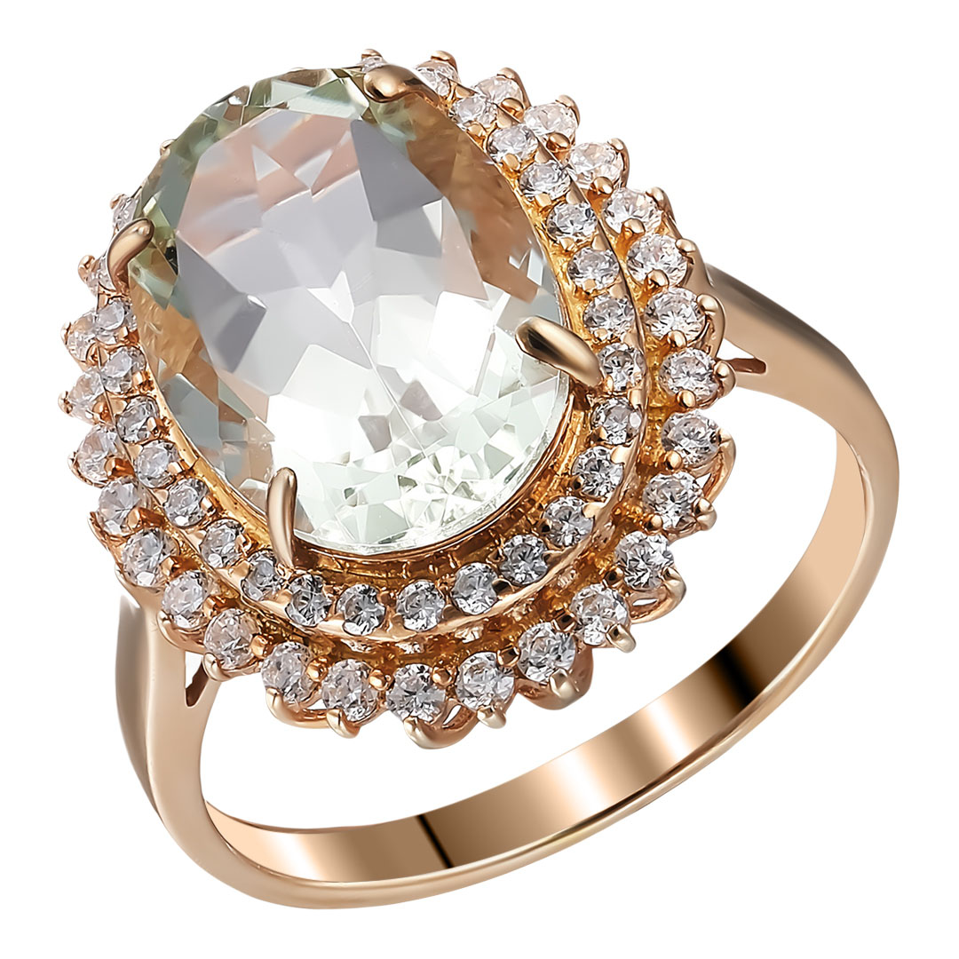 Серебряное кольцо 925 пробы; вставки 1 Празиолит; 60 Фианит бесцв.;