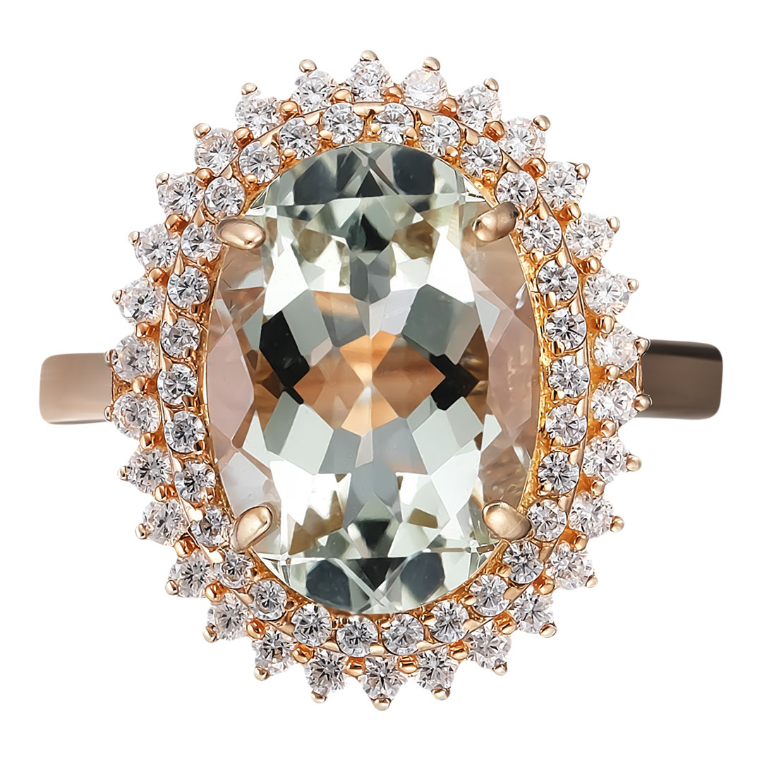 Серебряное кольцо 925 пробы; вставки 1 Празиолит; 60 Фианит бесцв.;
