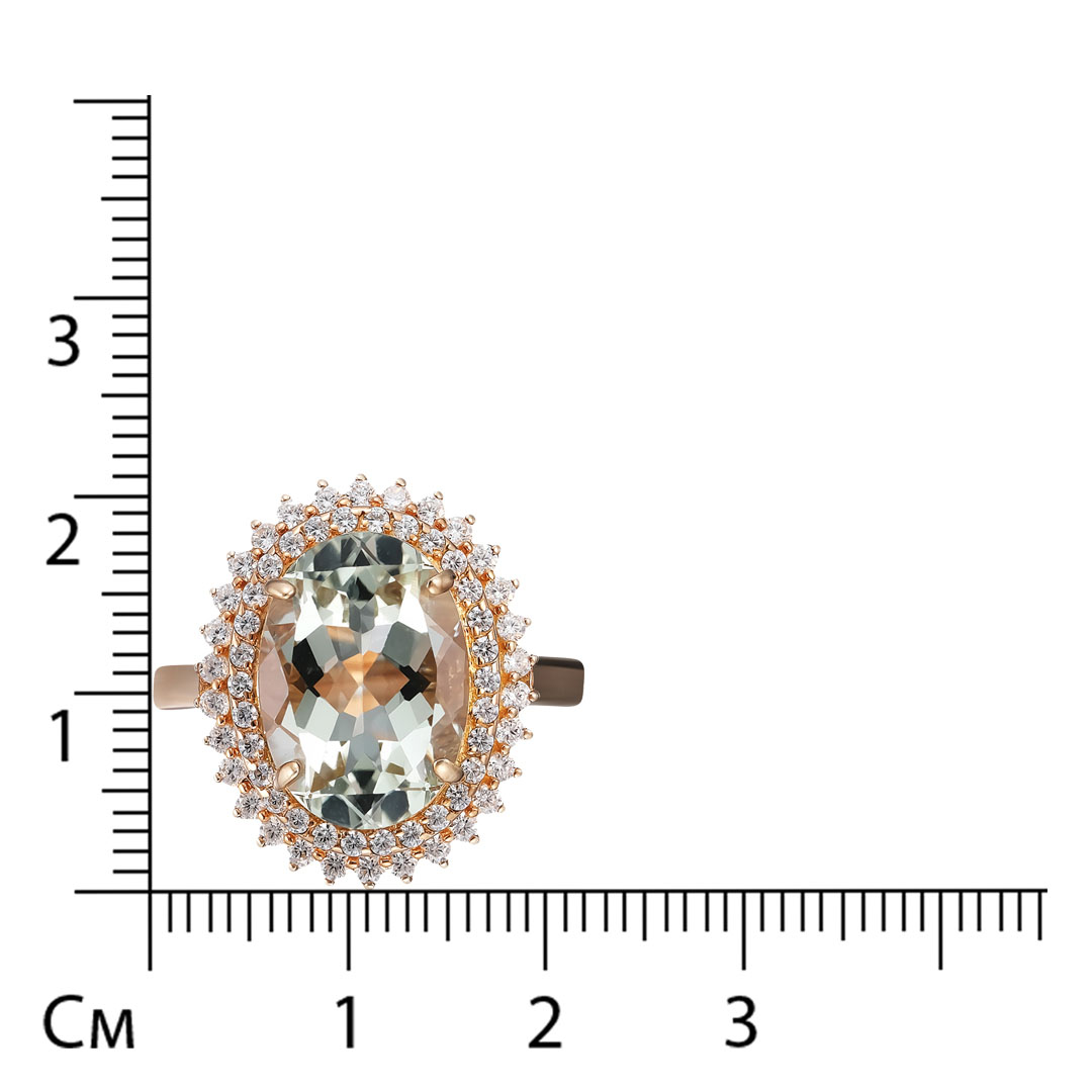 Серебряное кольцо 925 пробы; вставки 1 Празиолит; 60 Фианит бесцв.;