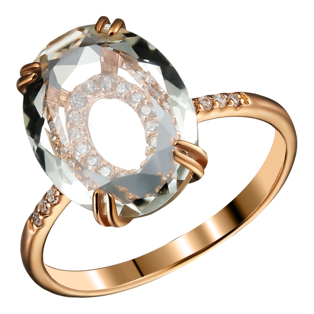 Серебряное кольцо 925 пробы; вставки 1 Празиолит; 26 Фианит бесцв.;