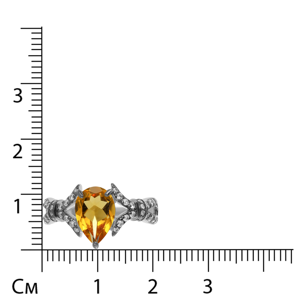 Серебряное кольцо 925 пробы; родий бел. и черн.; вставки 1 Цитрин; 52 Фианит бесцв.;