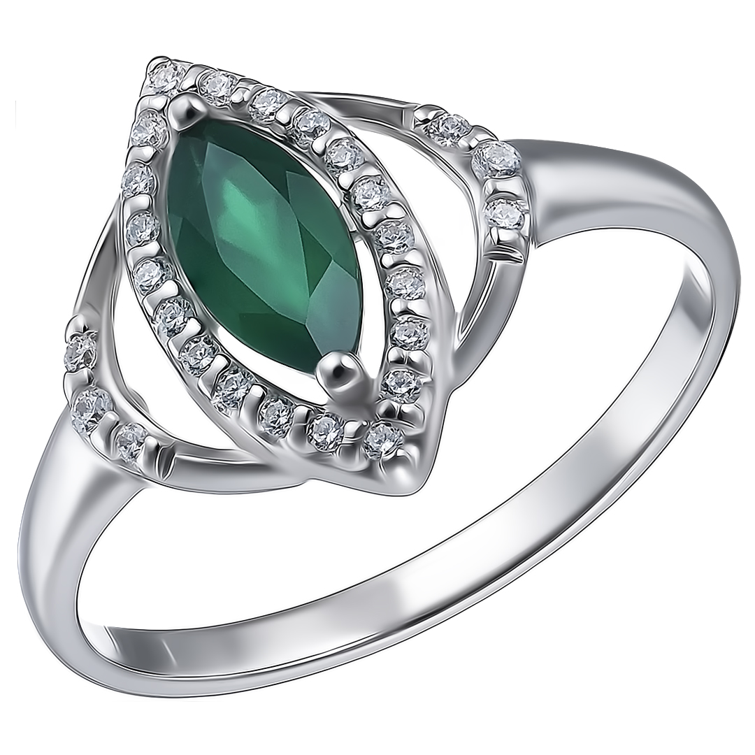 Серебряное кольцо 925 пробы; вставки 1 Агат зеленый; 24 Фианит бесцв.;