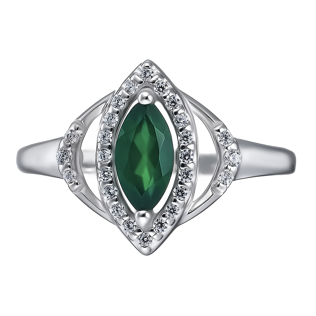 Серебряное кольцо 925 пробы; вставки 1 Агат зеленый; 24 Фианит бесцв.;