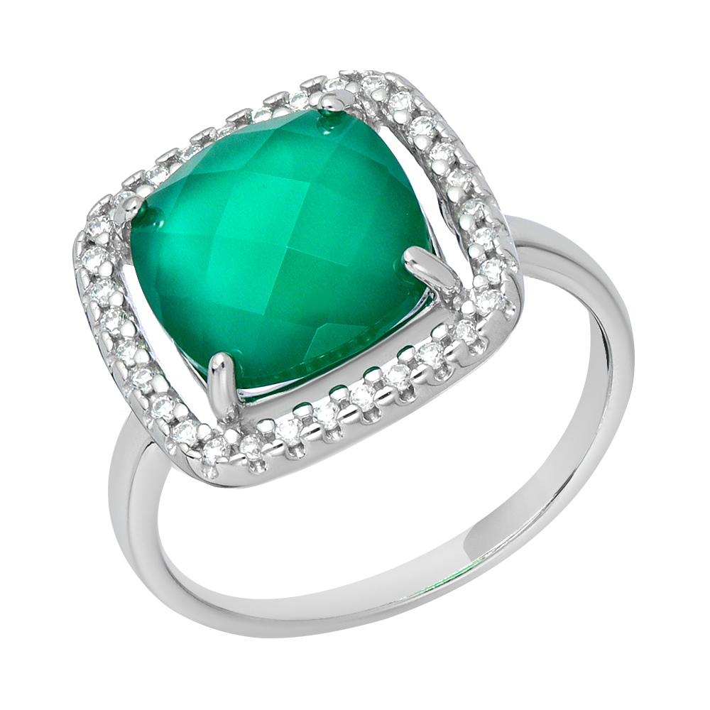Серебряное кольцо 925 пробы; вставки 1 Агат зеленый; 32 Фианит бесцв.;