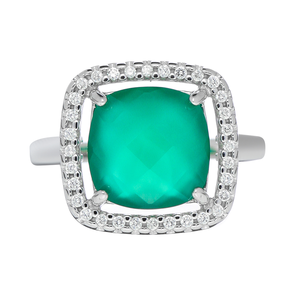 Серебряное кольцо 925 пробы; вставки 1 Агат зеленый; 32 Фианит бесцв.;