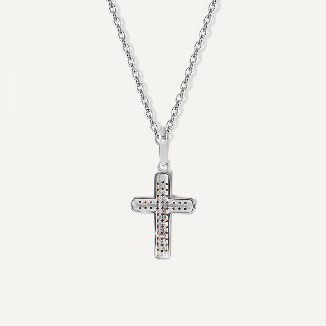 Подвеска-крест из белого золота с оранжевыми бриллиантами