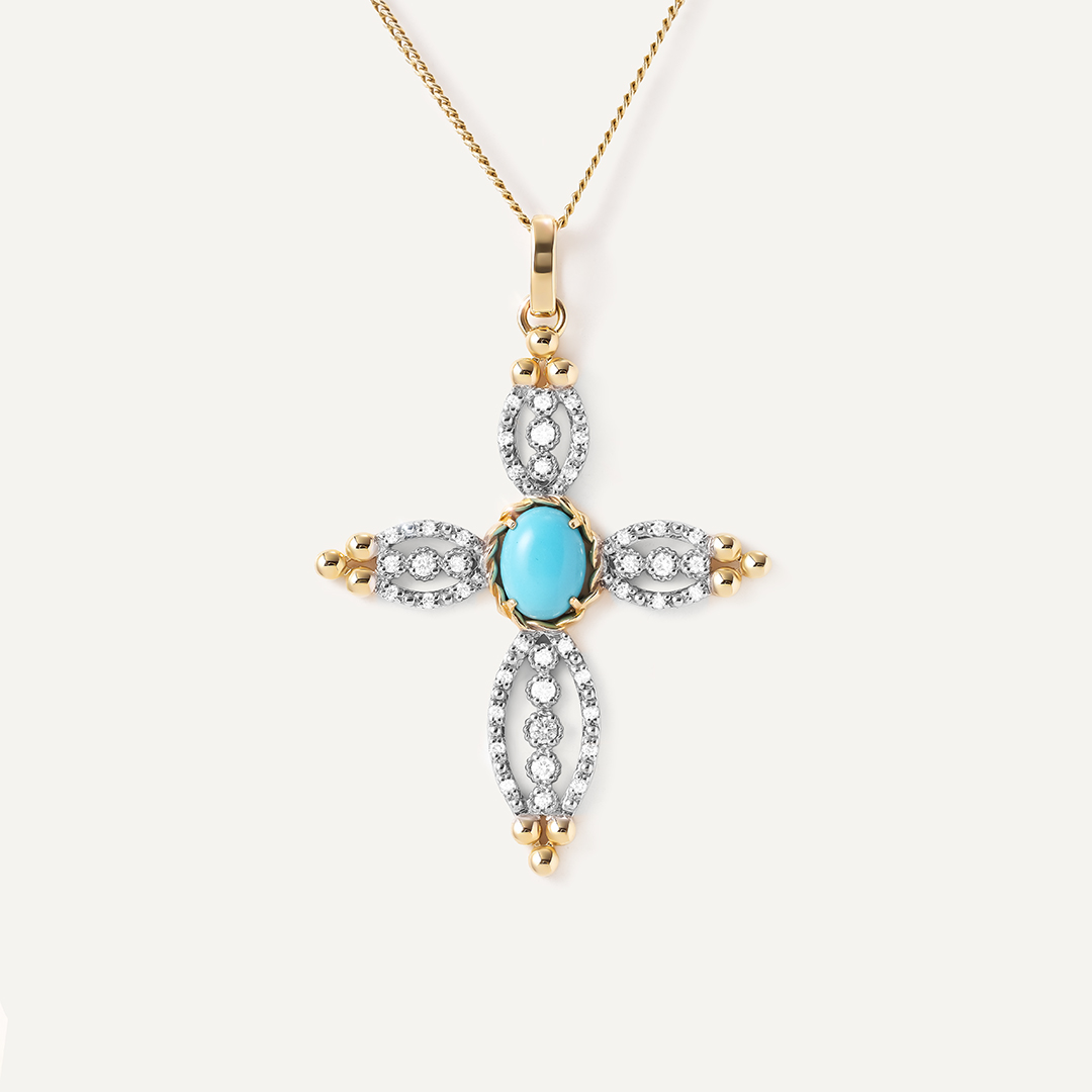 Подвеска-крест из желтого золота с бирюзой