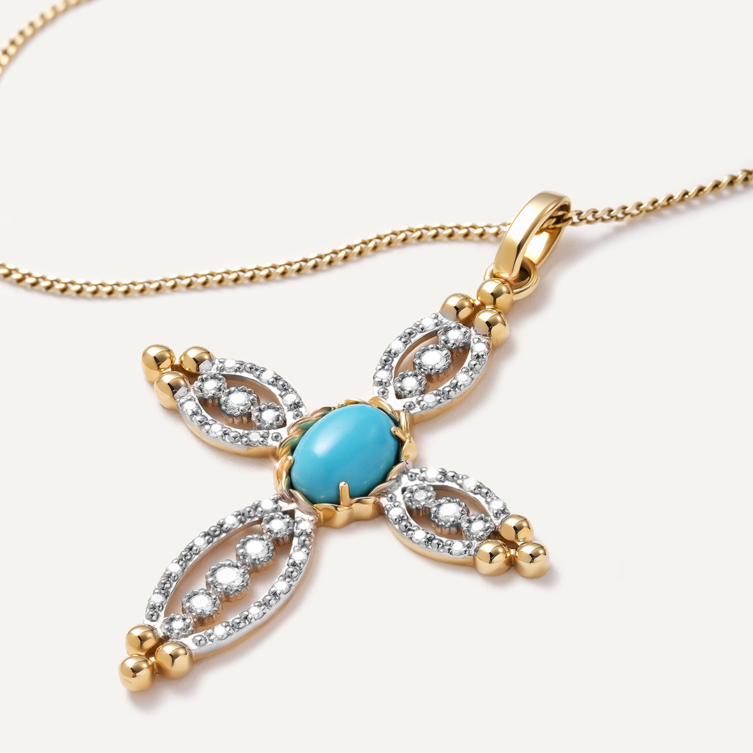 Подвеска-крест из желтого золота с бирюзой