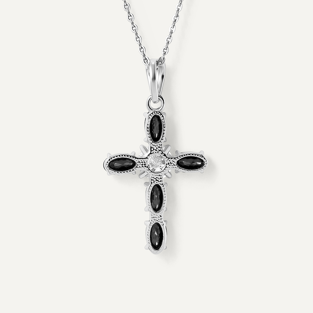 Серебряная подвеска-крест с муассанитом и черными турмалинами