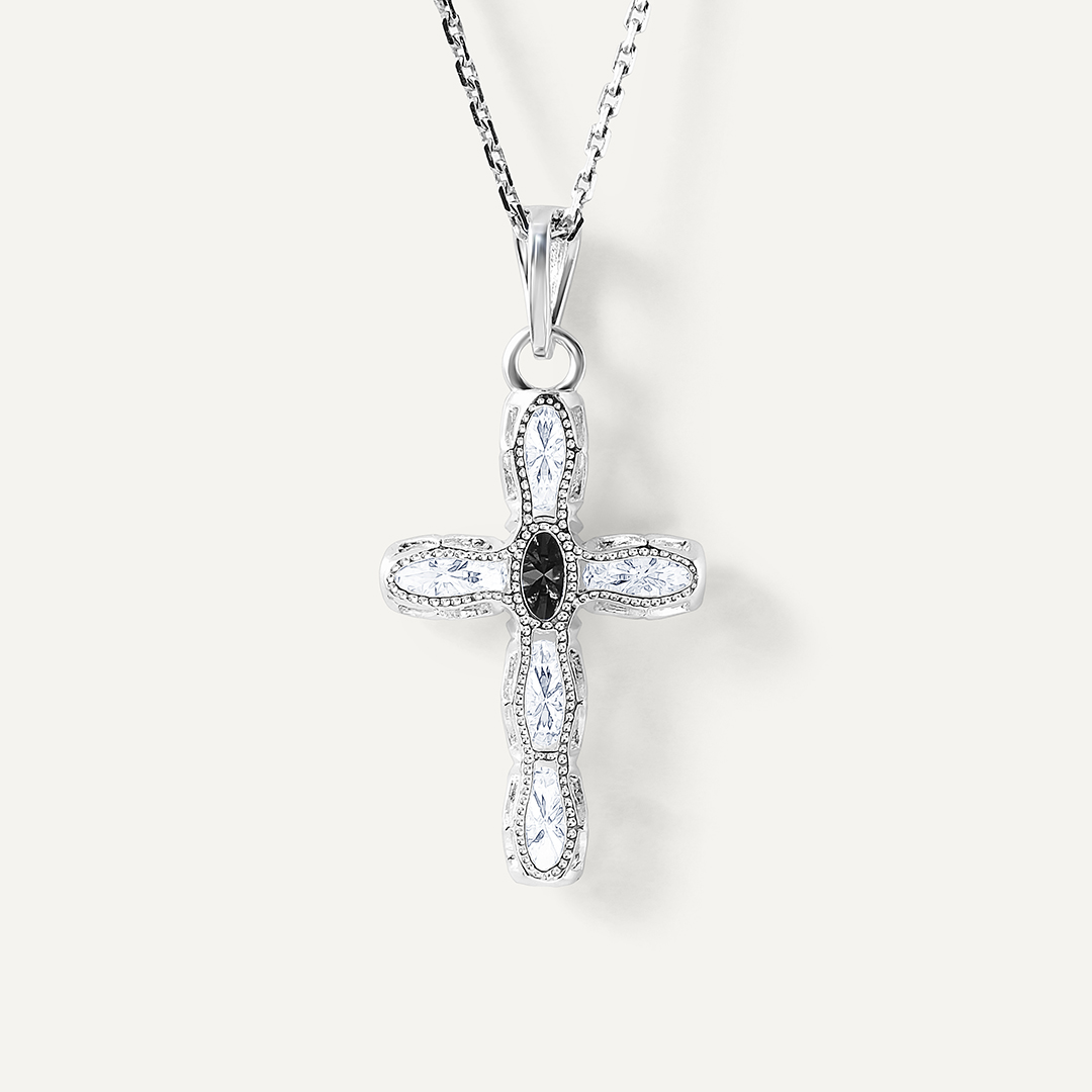 Серебряная подвеска-крест с муассанитами и черным турмалином