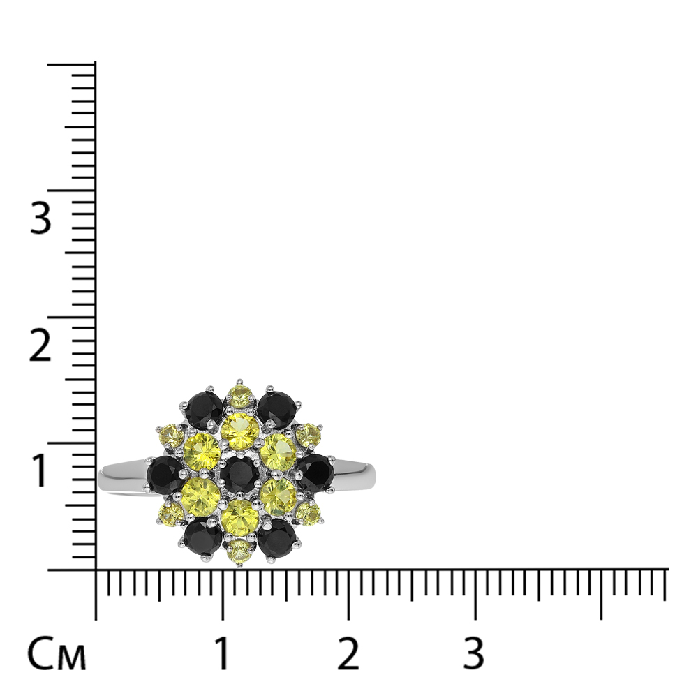 Серебряное кольцо 925 пробы; вставки 12 Сапфир нат. желтый; 7 Шпинель черная;