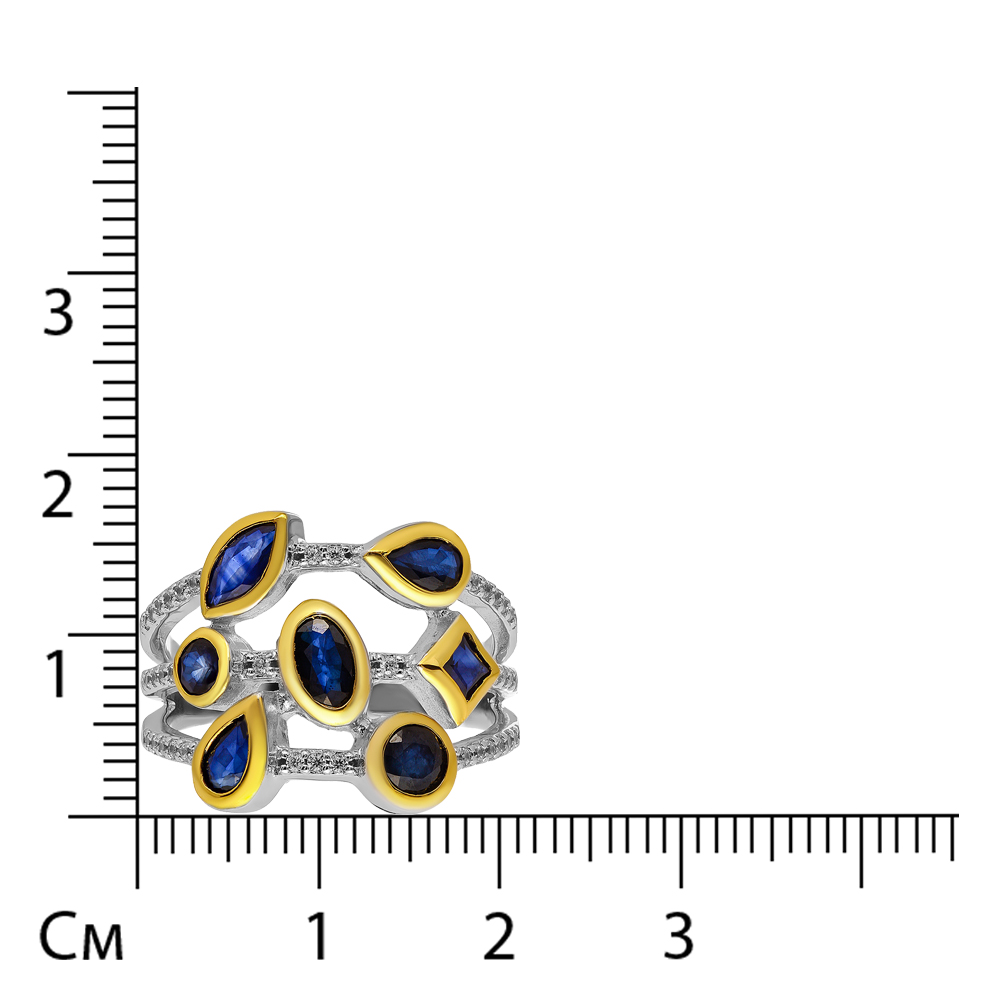 Серебряное кольцо 925 пробы; с эл.золочения; вставки 7 Сапфир U 5/6 1,670; 36 Фианит бесцв.;