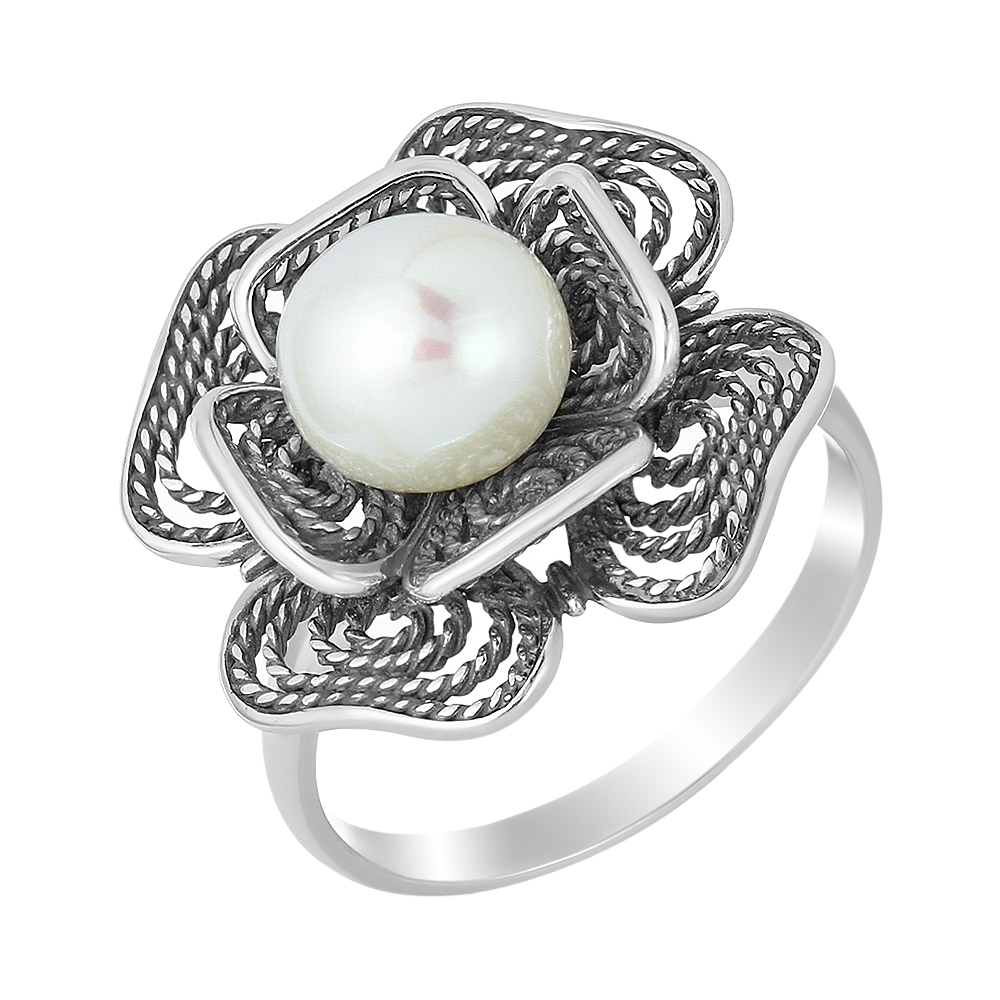 Серебряное кольцо 925 пробы; с чернением; вставки 1 Жемчуг культ. белый;