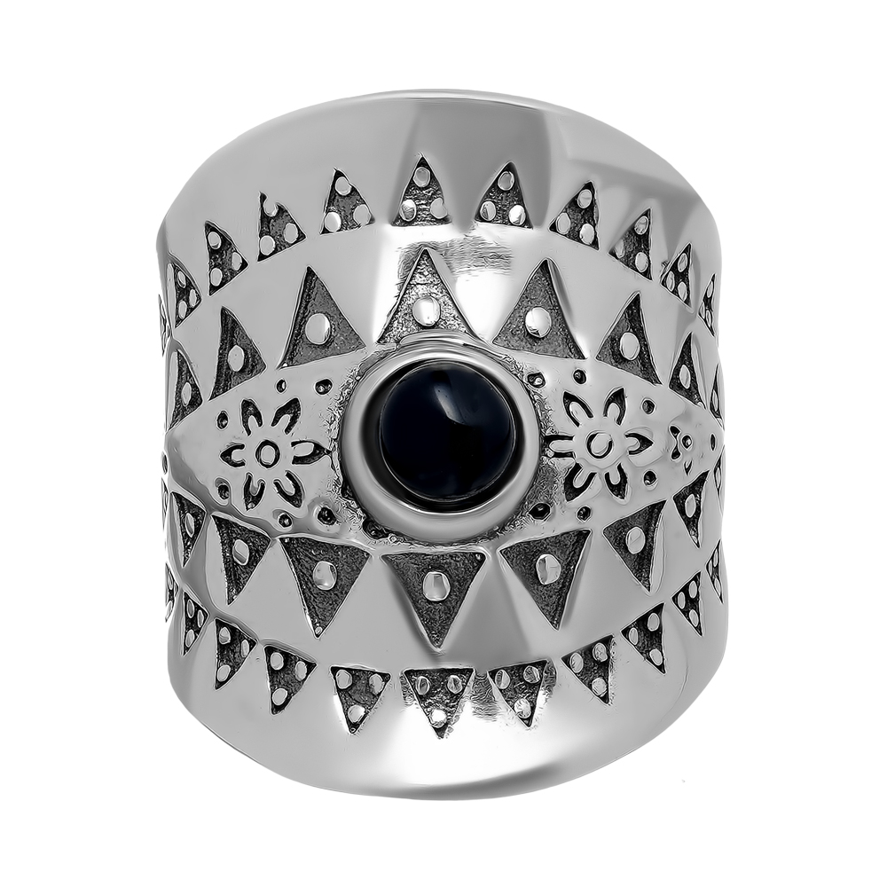 Серебряное кольцо 925 пробы; с чернением; вставки Агат разноцвет.;
