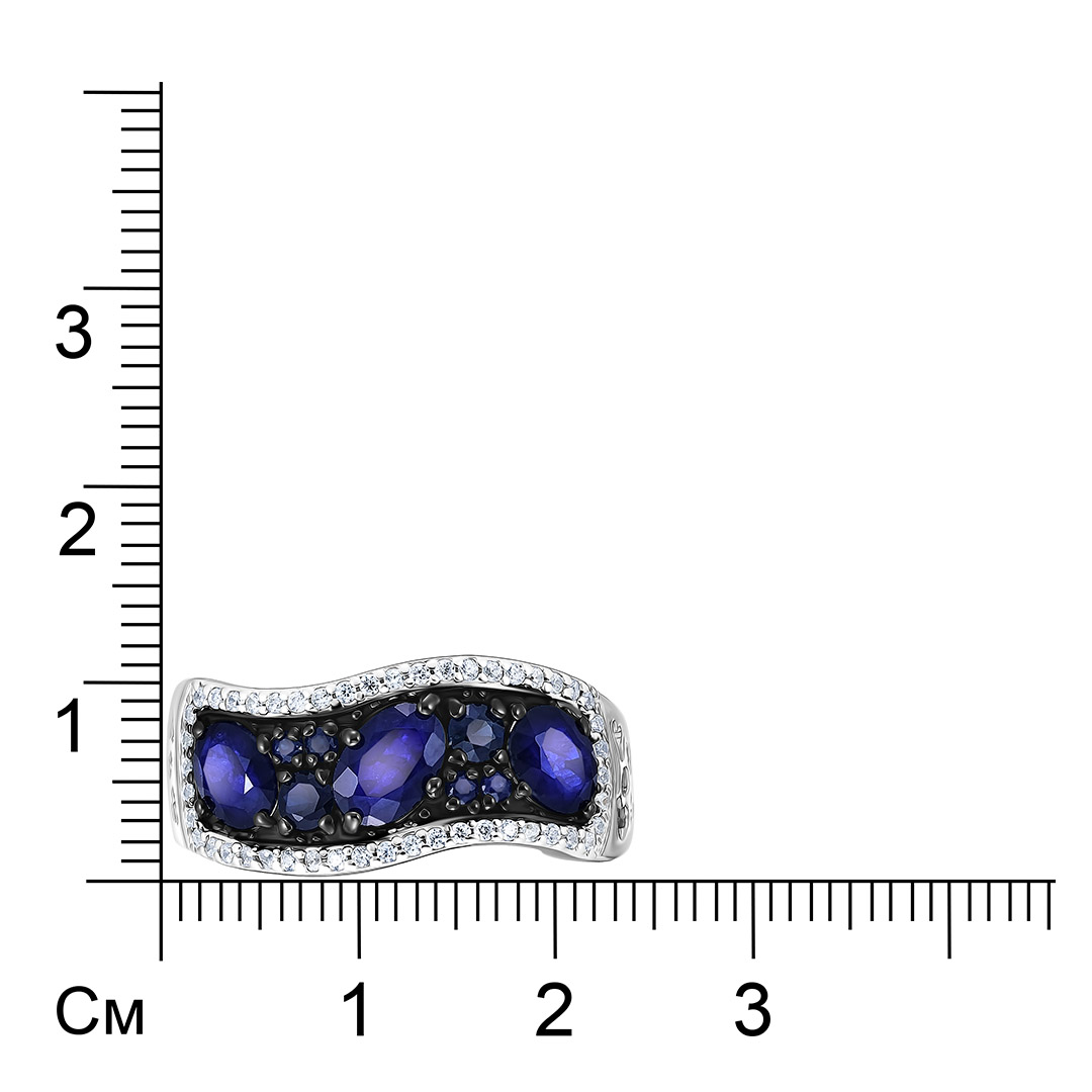 Серебряное кольцо 925 пробы; родий (бел., черн.); вставки 9 Сапфир U 5/6 2,14; 48 Фианит бесцв.;