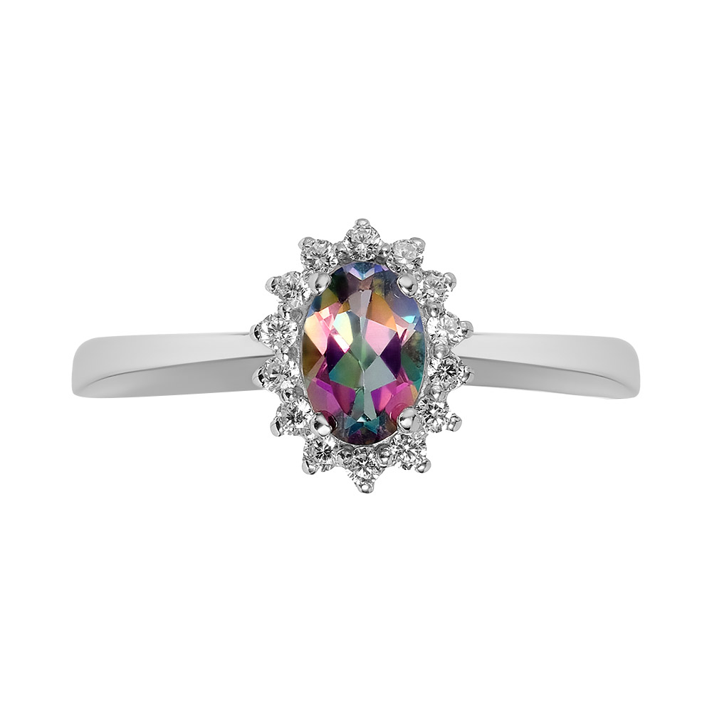 Серебряное кольцо 925 пробы; вставки 1 Топаз мистик; 14 Фианит бесцв.;
