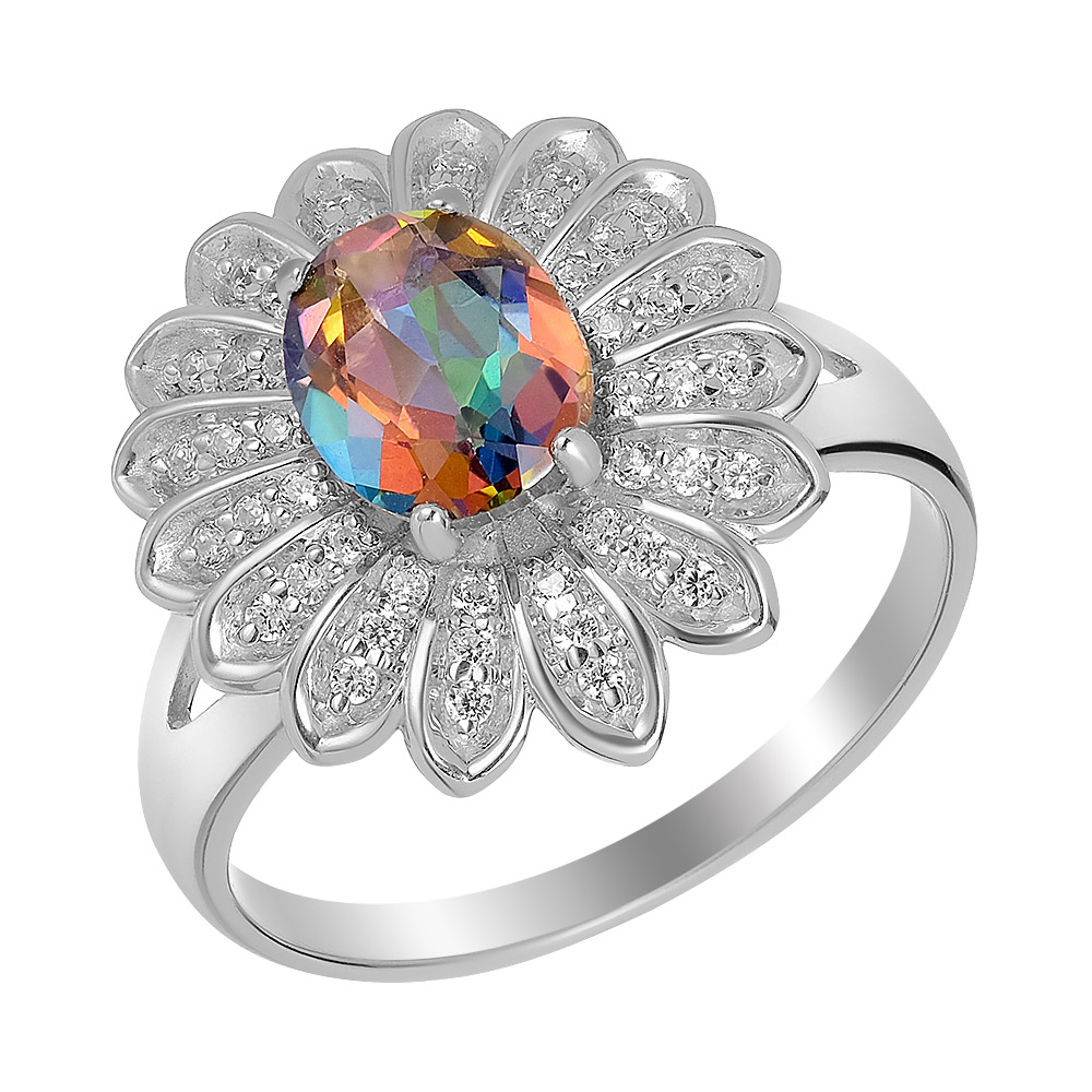 Серебряное кольцо 925 пробы; вставки 1 Топаз мистик; 48 Фианит бесцв.;