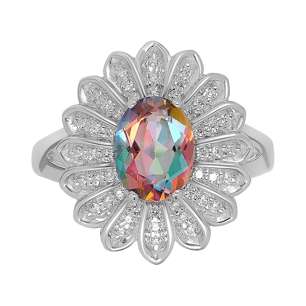 Серебряное кольцо 925 пробы; вставки 1 Топаз мистик; 48 Фианит бесцв.;