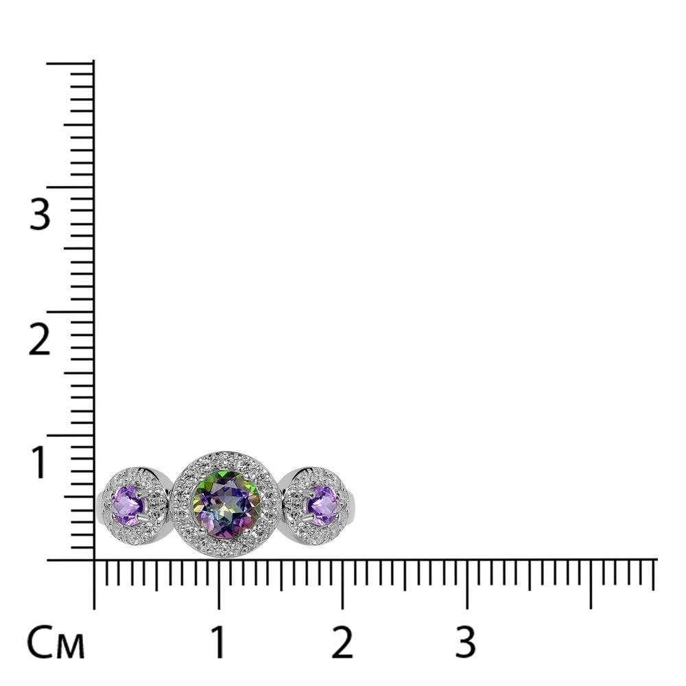 Серебряное кольцо 925 пробы; вставки 1 Топаз мистик; 2 Аметист; 34 Фианит бесцв.;
