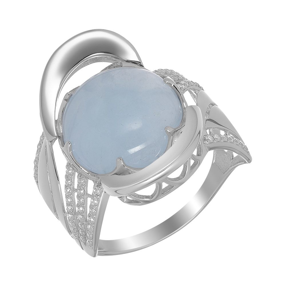 Серебряное кольцо 925 пробы; вставки 1 Аквамарин; 62 Фианит бесцв.;